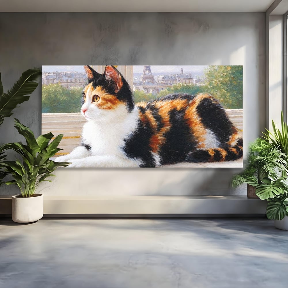 Tablou canvas cu pictura cu pisica calico si turnul eiffel, fara rama, pe sasiu de lemn